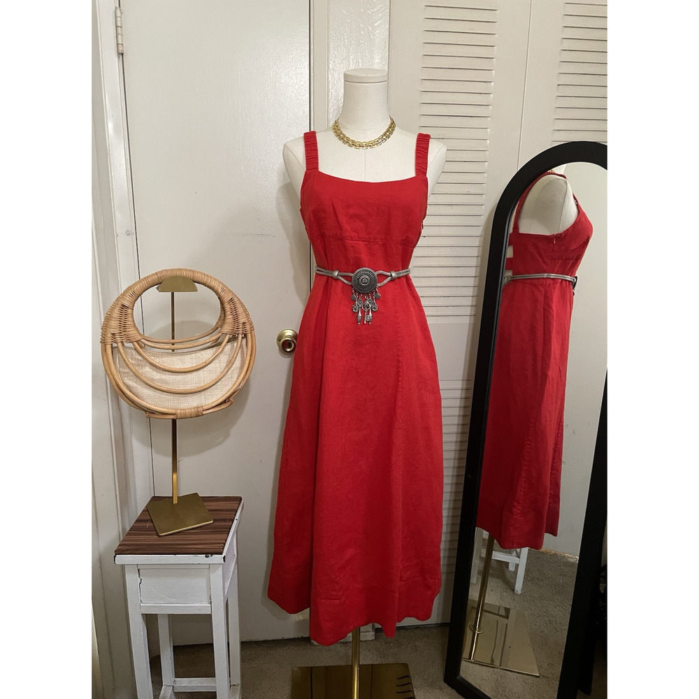 Red Sleeveless Midi Dress Size 4 With Pockets, Cut-out Back-preowned